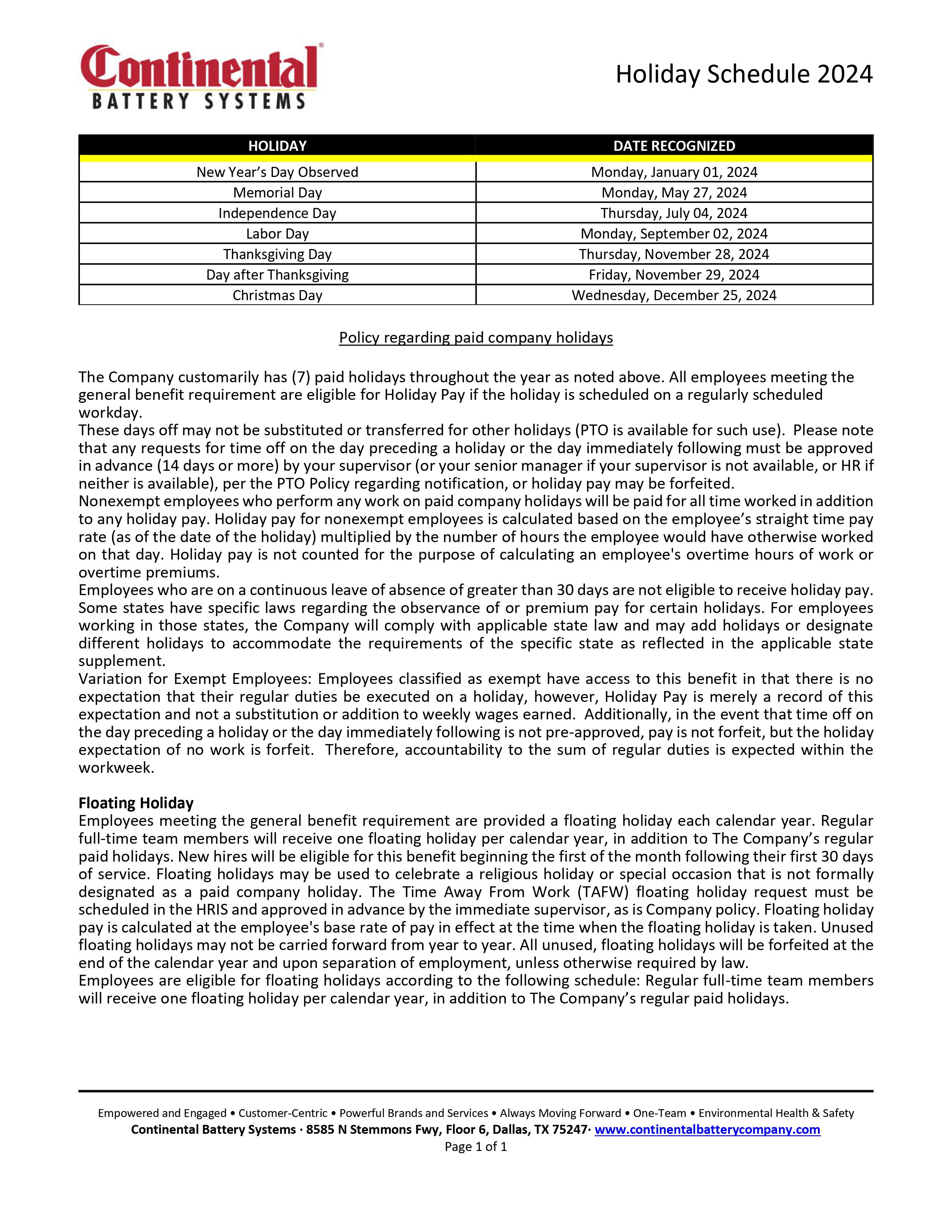 2024 paid holiday schedule